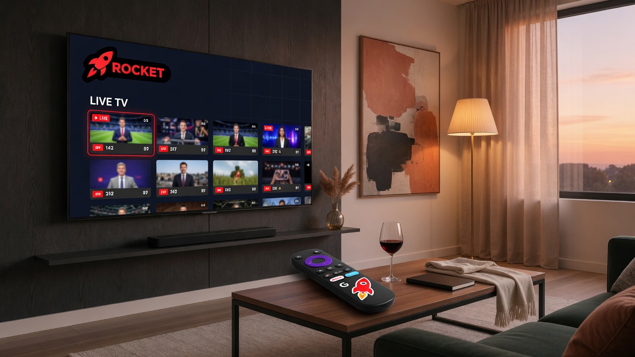 Living room smart TV with streaming interface and remote control