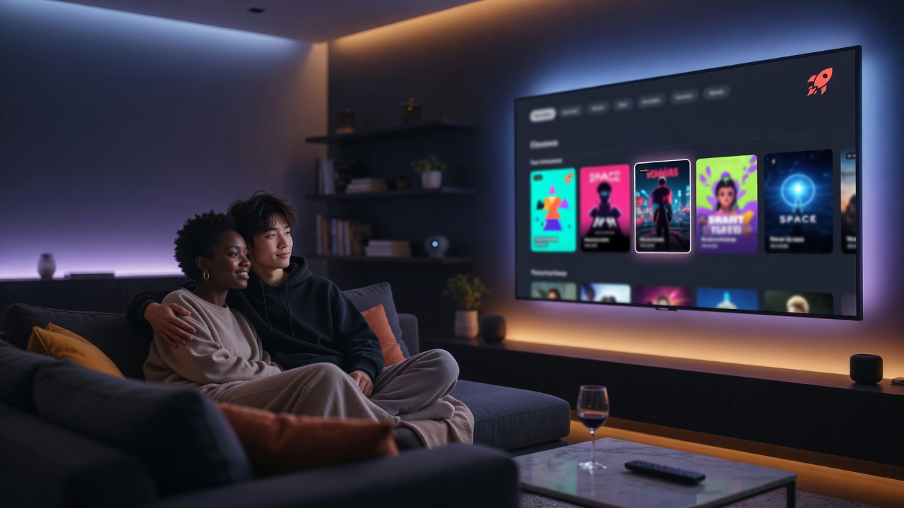 Couple watching a smart TV in a cozy living room