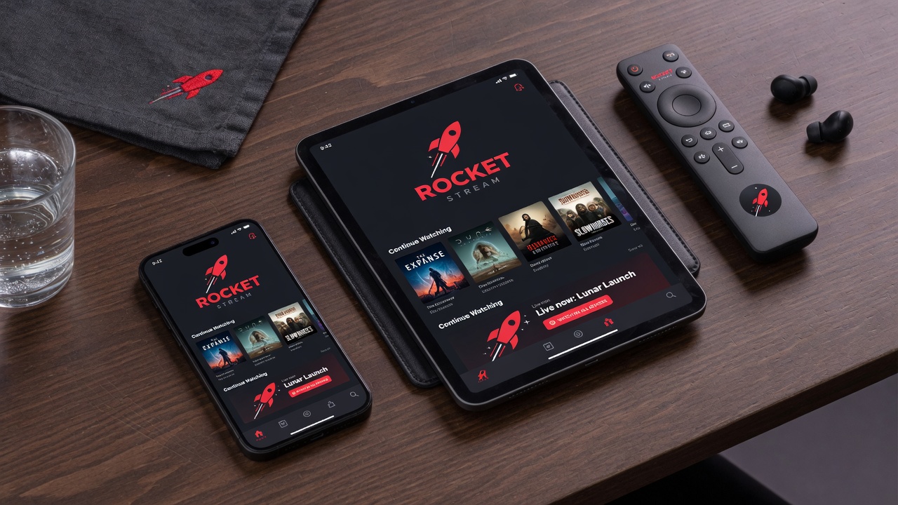 Phone, tablet, and remote showing multi-device streaming apps on a desk