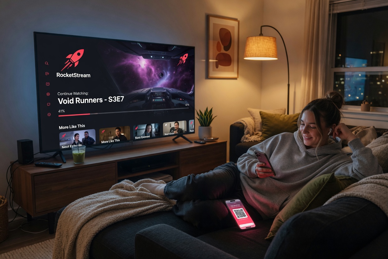 Person using a phone while a large TV plays content in the background